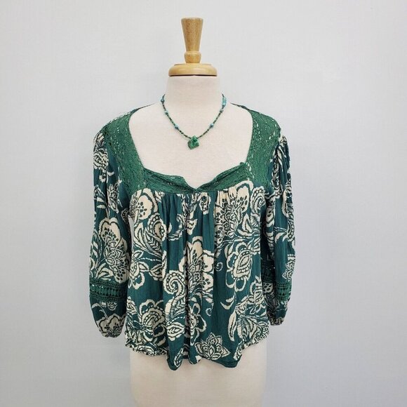 Angie Womens Boho Lace Trim Top Size L Floral Green Cream Balloon Sleeve Blouse - Picture 1 of 13